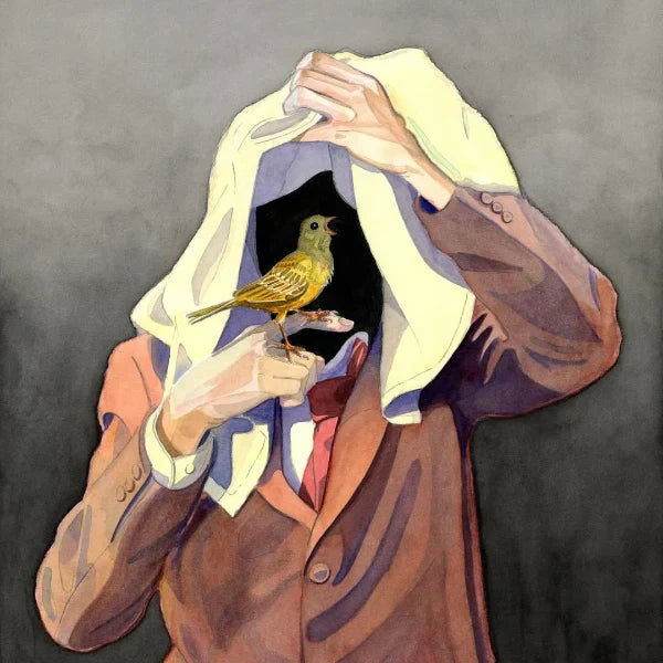 A surreal artwork of an ortolan bunting and a person wearing a white napkin trying to eat it.