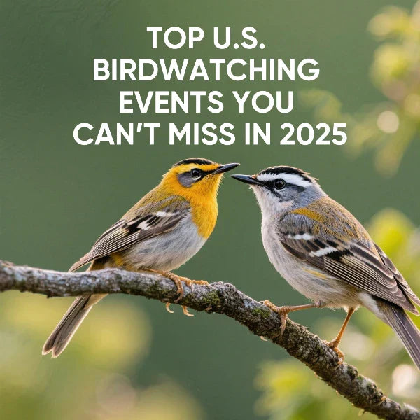 Two colorful birds perched on a branch with a blurred green background. The text above reads 'TOP U.S. BIRDWATCHING EVENTS YOU CAN'T MISS IN 2025'.