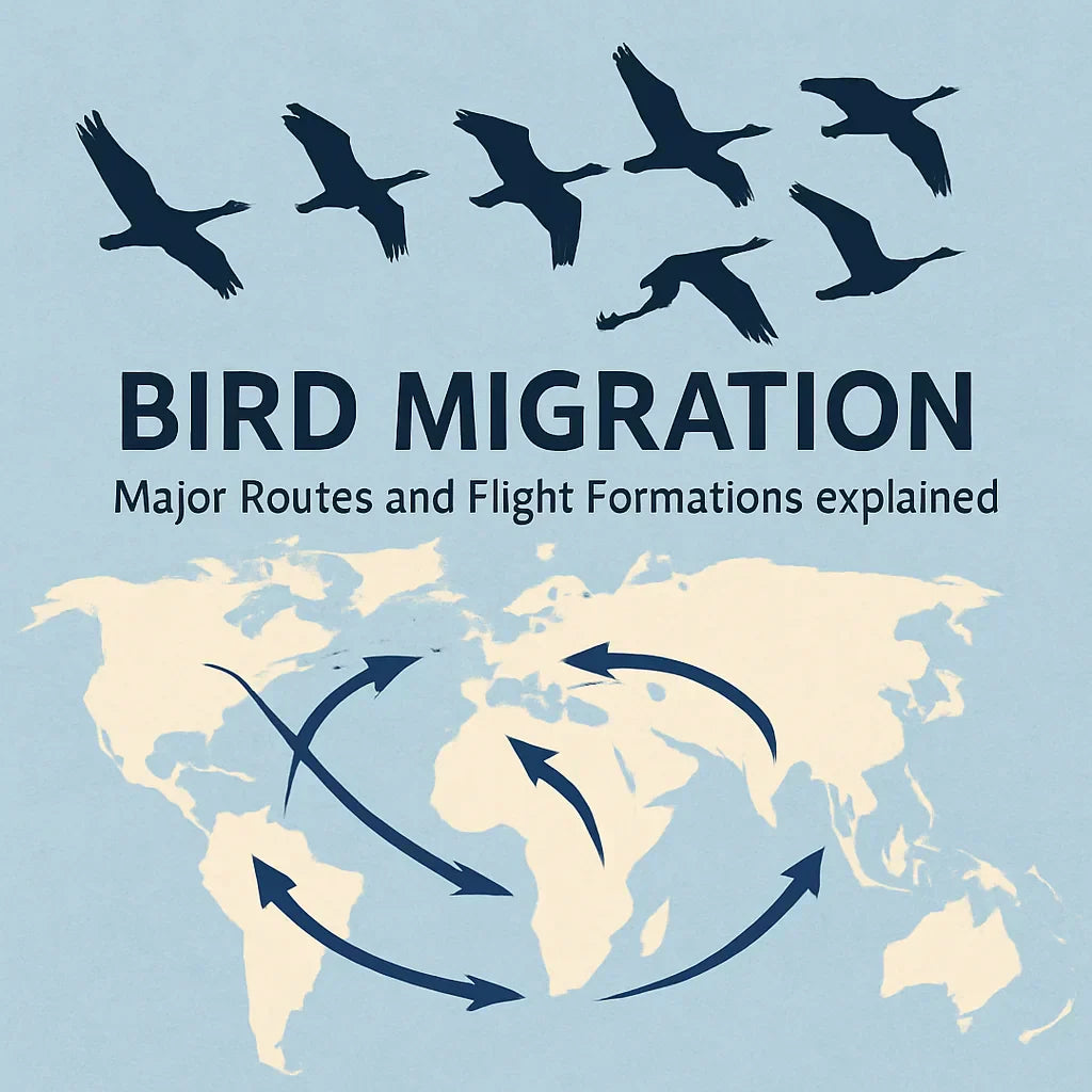 Illustration of bird migration showing major global flyways with V-shaped flight formation above a world map