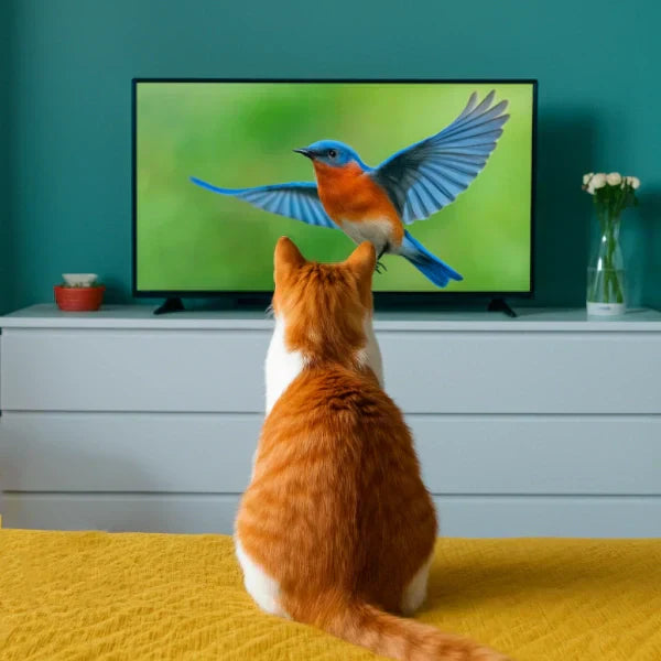 A cozy indoor scene of a cat watching a colorful bird in flight on TV, illustrating the concept of bird videos for cats as popular cat TV entertainment.