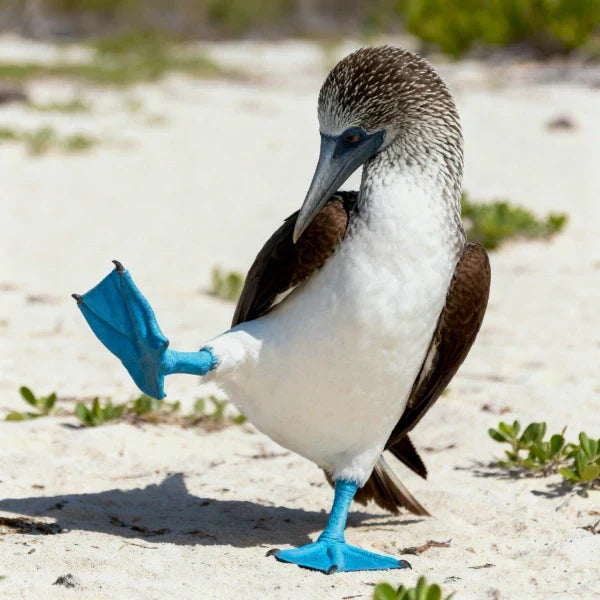 A blue-footed booby stands on a sandy beach, lifting one bright blue foot in a charming pose, showcasing its distinctive plumage and iconic blue feet.