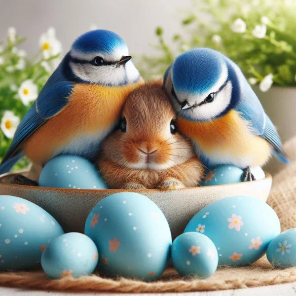 Adorable Easter scene with a fluffy bunny nestled among blue Easter eggs, cuddled by two vibrant bluebirds. Perfect spring and holiday imagery.