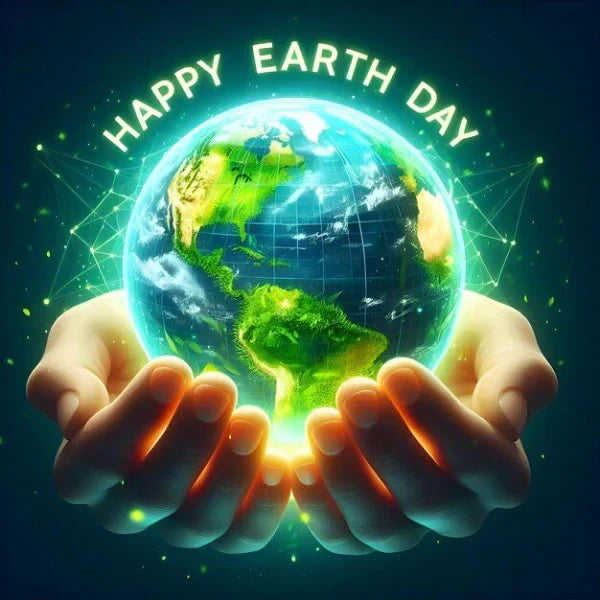 A vibrant Earth Day illustration featuring glowing hands gently cradling planet Earth with a neon “Happy Earth Day” text above, symbolizing environmental protection and sustainability.