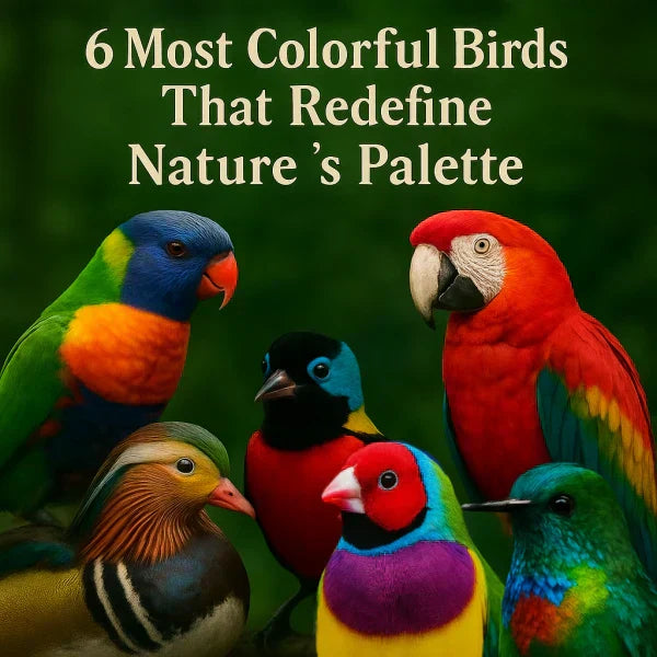 Six of the most colorful birds in the world — rainbow lorikeet, scarlet macaw, mandarin duck, Wilson’s bird-of-paradise, Gouldian finch, and fiery-throated hummingbird — perched in a natural forest setting with vibrant plumage on display.
