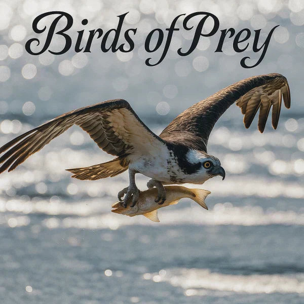 An osprey in flight holding a fish in its talons over shimmering water, symbolizing the power of birds of prey.