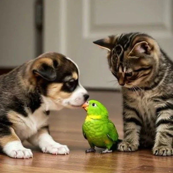 Adorable puppy and kitten curiously interacting with a green parrot on a wooden floor. Cute pet friendship moment.