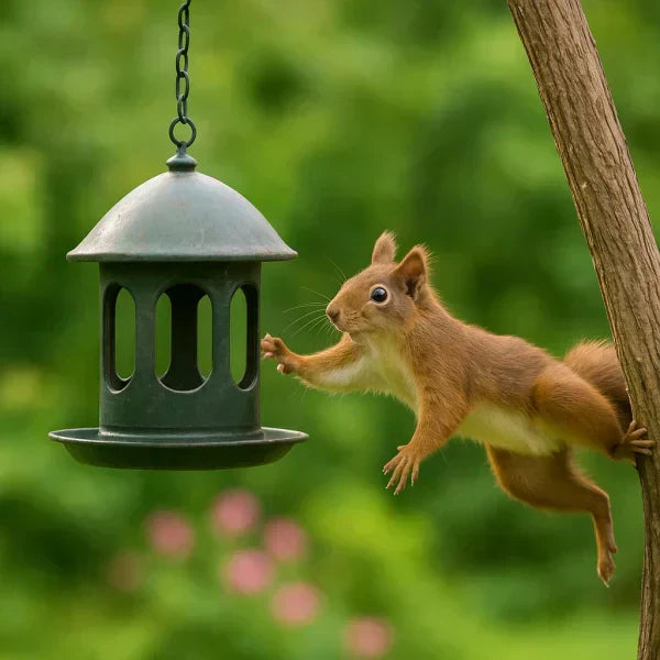 A squirrel stretching from a tree to reach a green bird feeder filled with seeds in a garden, showing how squirrels steal bird food.