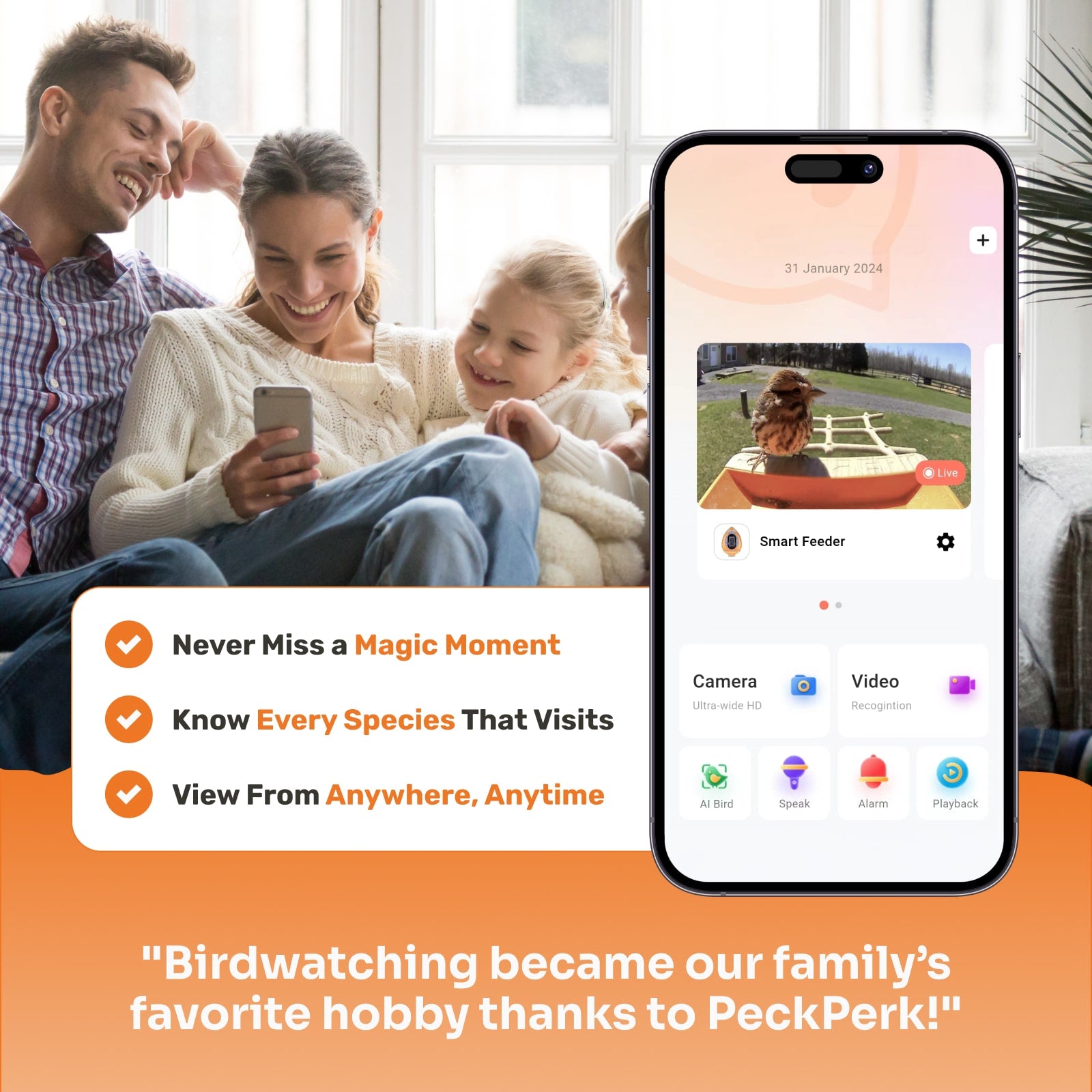 Family using a smartphone app with a birdwatching feature, displayed on a phone screen.
