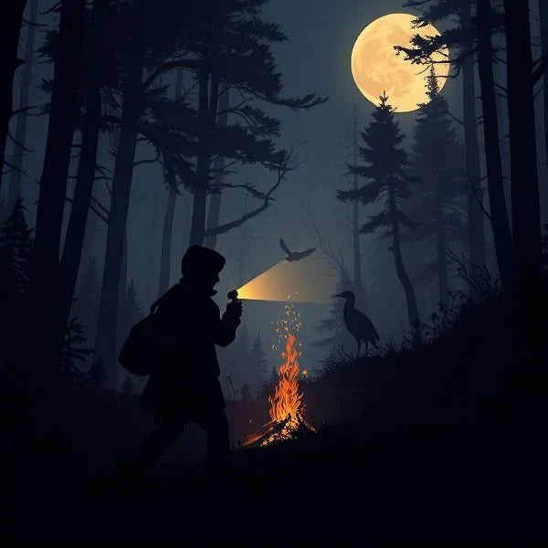 A camper holding a flashlight in a dark forest near a campfire under the full moon during a snipe hunt.