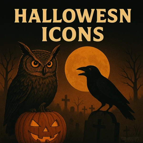 Halloween birds illustration featuring an owl and a raven in a graveyard under a full moon with spooky legends theme.
