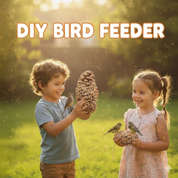 Children holding handmade pinecone bird feeders