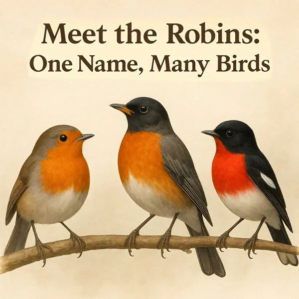 Three different robin species perched on a branch, showcasing the diversity behind the name 'robin' — from European robin, American robin, to Scarlet robin, each with distinct red and orange breast markings.