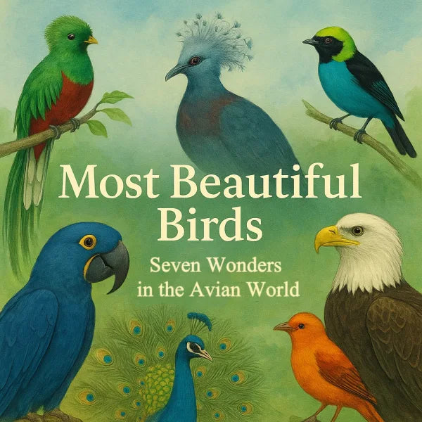 Illustrated cover featuring seven of the world’s most beautiful birds with the title "Most Beautiful Birds: The Seven Wonders of the Bird World