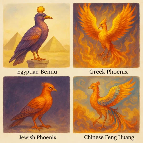 Four phoenix birds from myth: Egyptian Bennu, Greek fire phoenix, Jewish red-legged phoenix, and Chinese Fenghuang.