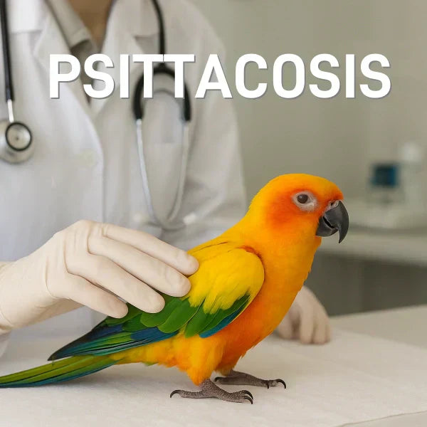 A sick Sun Conure parrot being examined by a veterinarian for psittacosis.