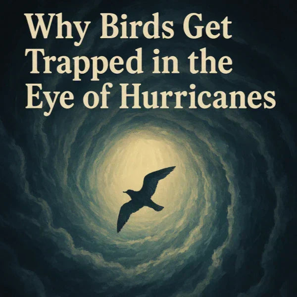 A bird flying in the calm eye of a hurricane, with swirling storm clouds around it.